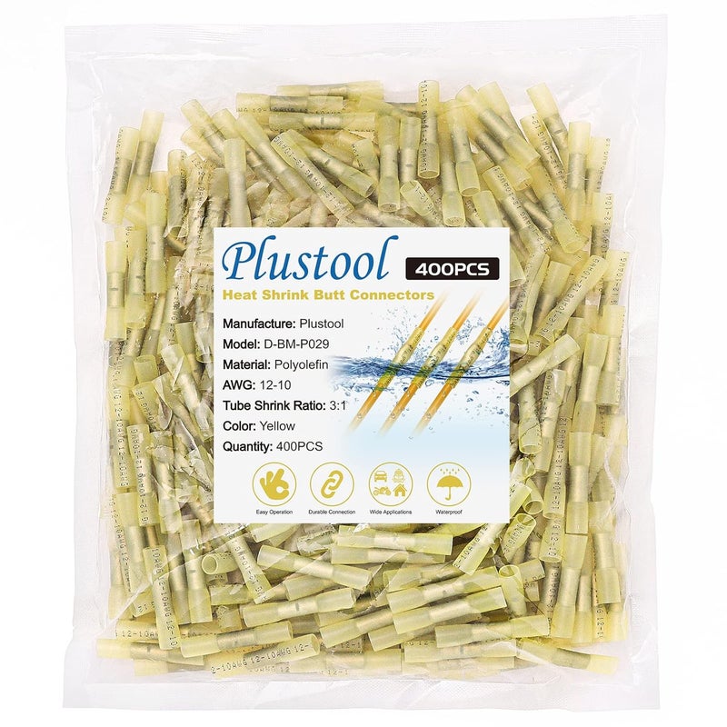Plustool 400PCS Yellow Heat Shrink Butt Connectors AWG12-10, Marine Grade Electrical Wire Connectors,Tinned Red Copper1.0mm, Insulated Waterproof Crimp Terminals Butt Splice for Cable,Boat,Wiring - Image 1